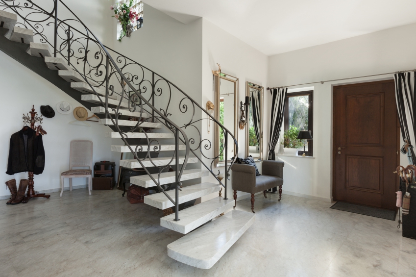 House, Interior with staircase in large hall with marble floor