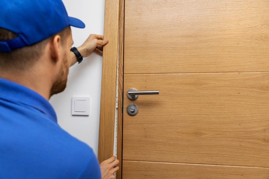 Man fitting a bespoke wooden door from Darcy Joinery