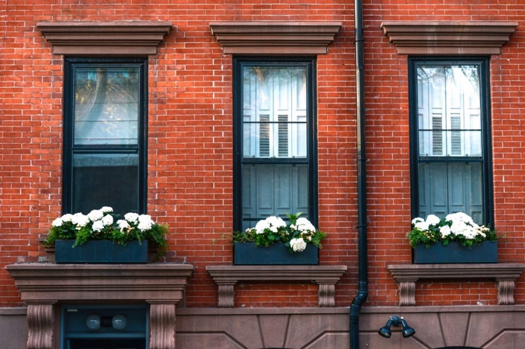 Three restored windows with flower pots