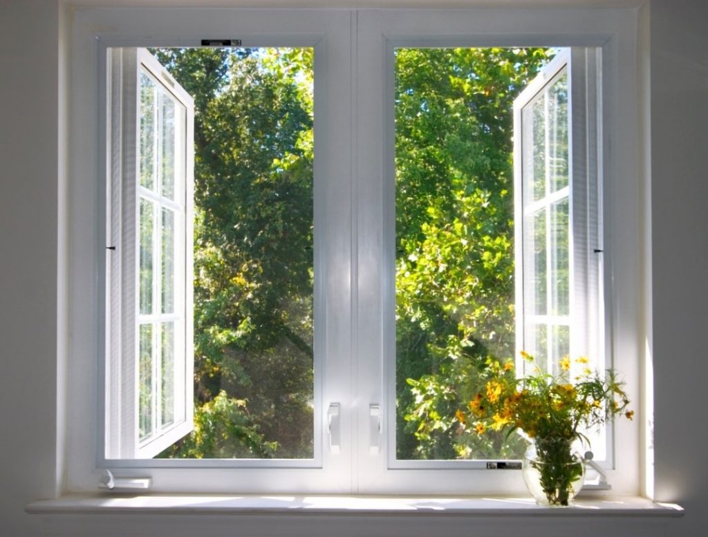 A window with open doors and flowers in a vase