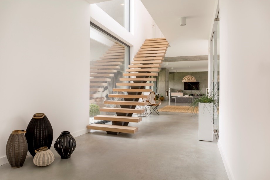 Modern contemporary floating staircases in open plan living space